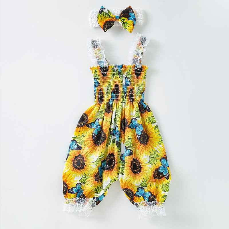 Infant And Toddler Clothing Suspender Top With Waist Tie, Printed Bloomers, Two-piece Set