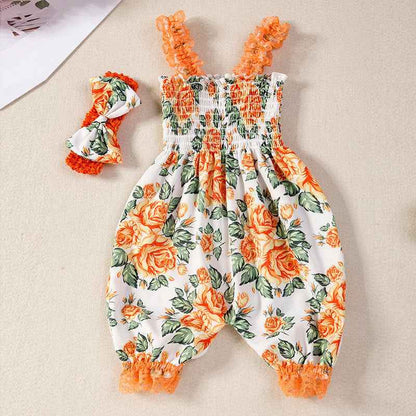 Infant And Toddler Clothing Suspender Top With Waist Tie, Printed Bloomers, Two-piece Set