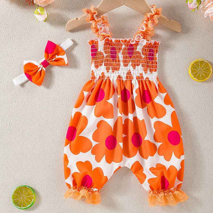 Infant And Toddler Clothing Suspender Top With Waist Tie, Printed Bloomers, Two-piece Set