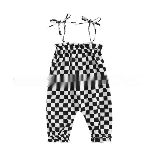 Summer New Children's Clothing Cotton Linen Chessboard Jumpsuit