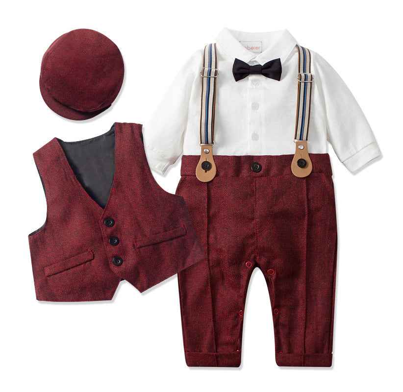 Spring And Autumn Children'S Clothing Infant And Young Children'S British Waistcoat One-Piece Climbing Gentleman'S Hat One-Year-Old Clothes Newborn Gentleman'S Suit