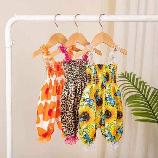 Infant And Toddler Clothing Suspender Top With Waist Tie, Printed Bloomers, Two-piece Set